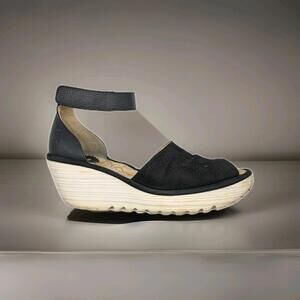 Fly London Yula Black Wedge Sandals Size 39/US 8.5